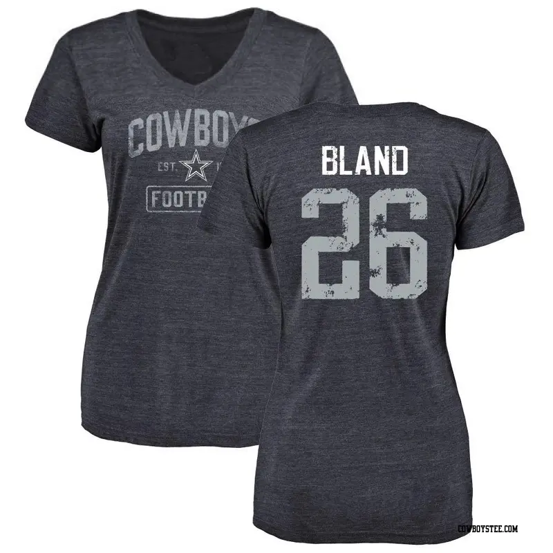 Women's Dallas Cowboys ＃26 DaRon Bland Navy Distressed Name & Number V-Neck T-Shirt